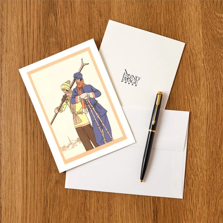 WS-95 Two Fashionable Skiers - Vintage Image Greeting Card, Pack of 4