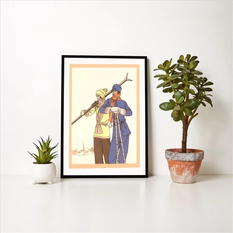 WS-95 Two Fashionable Skiers - Vintage Image Art Print, Individual Print