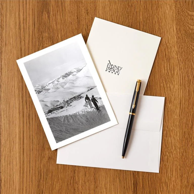 WS-198 Skiing Couple above Resort - Vintage Image Greeting Card, Pack of 4