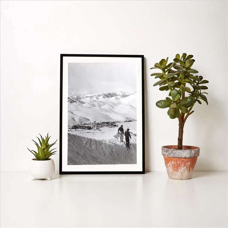 WS-198 Skiing Couple above Resort - Vintage Image Art Print, Individual Print