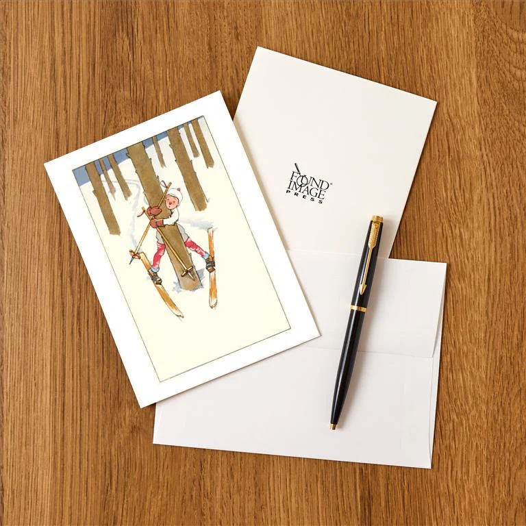 WS-114 Little Skier Stuck on Tree - Vintage Image Greeting Card, Pack of 4
