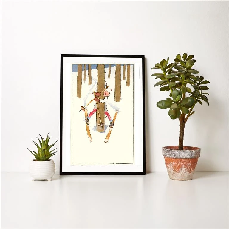 WS-114 Little Skier Stuck on Tree - Vintage Image Art Print, Individual Print