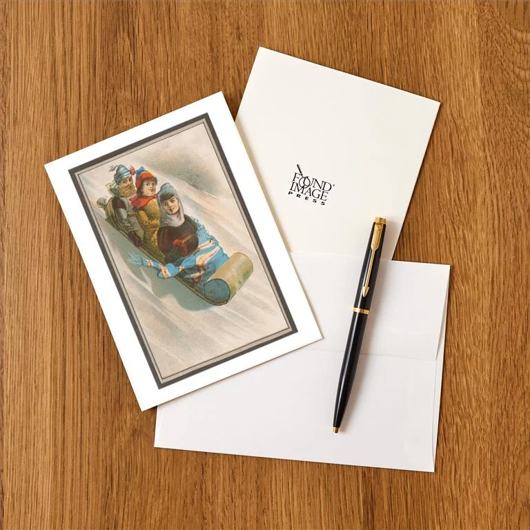 WS-71 Three Children in Toboggan - Vintage Image Greeting Card, Pack of 4