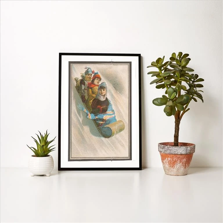 WS-71 Three Children in Toboggan - Vintage Image Art Print, Individual Print