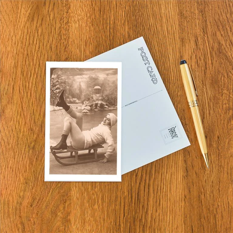 WS-31 Bare-Legged Woman on Sled - Vintage Image Postcard, Pack of 10
