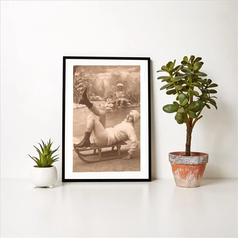 WS-31 Bare-Legged Woman on Sled - Vintage Image Art Print, Individual Print