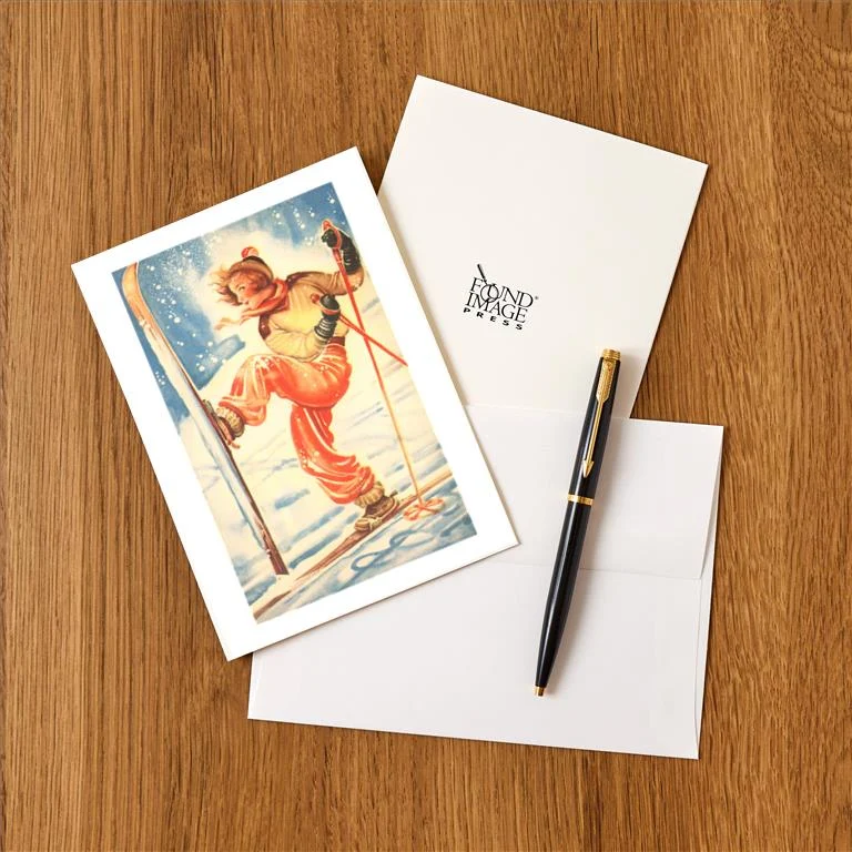 WS-102 Woman Kicking up Ski - Vintage Image Greeting Card, Pack of 4