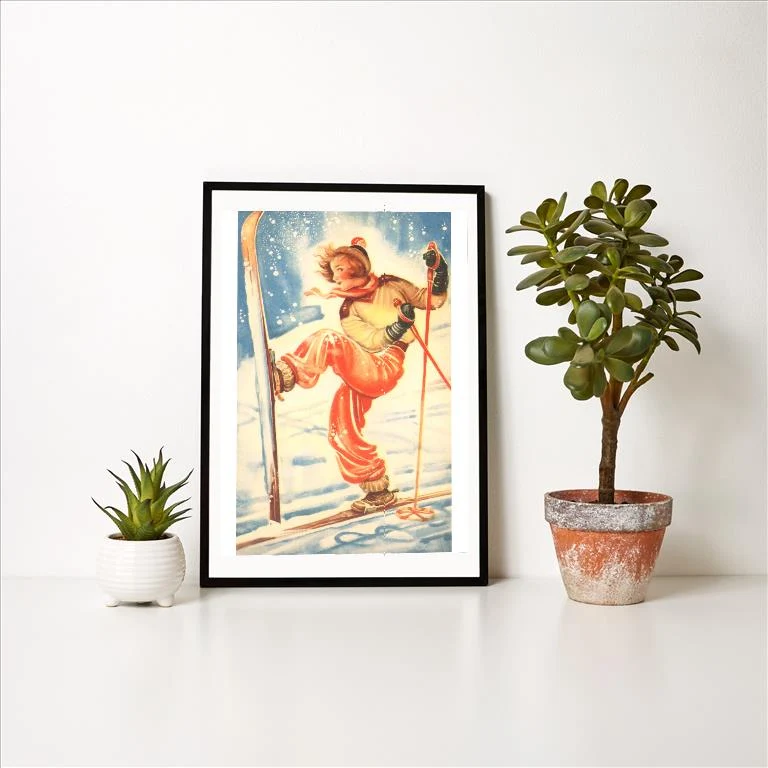 WS-102 Woman Kicking up Ski - Vintage Image Art Print, Individual Print