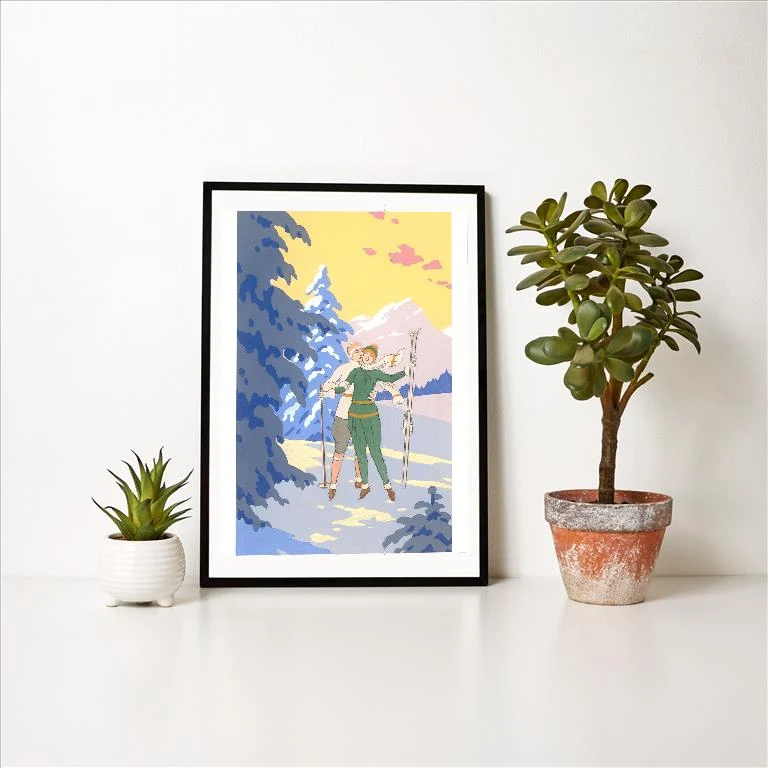 WS-210 Couple on Skates with Skis - Vintage Image Art Print, Individual Print