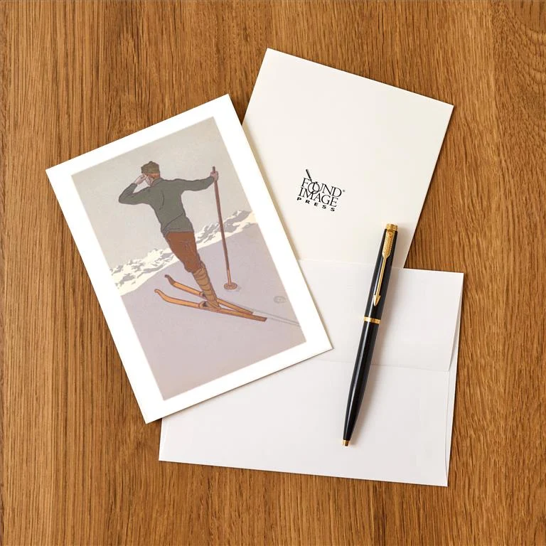 WS-209 Skier Looking Over Mountains - Vintage Image Greeting Card, Pack of 4