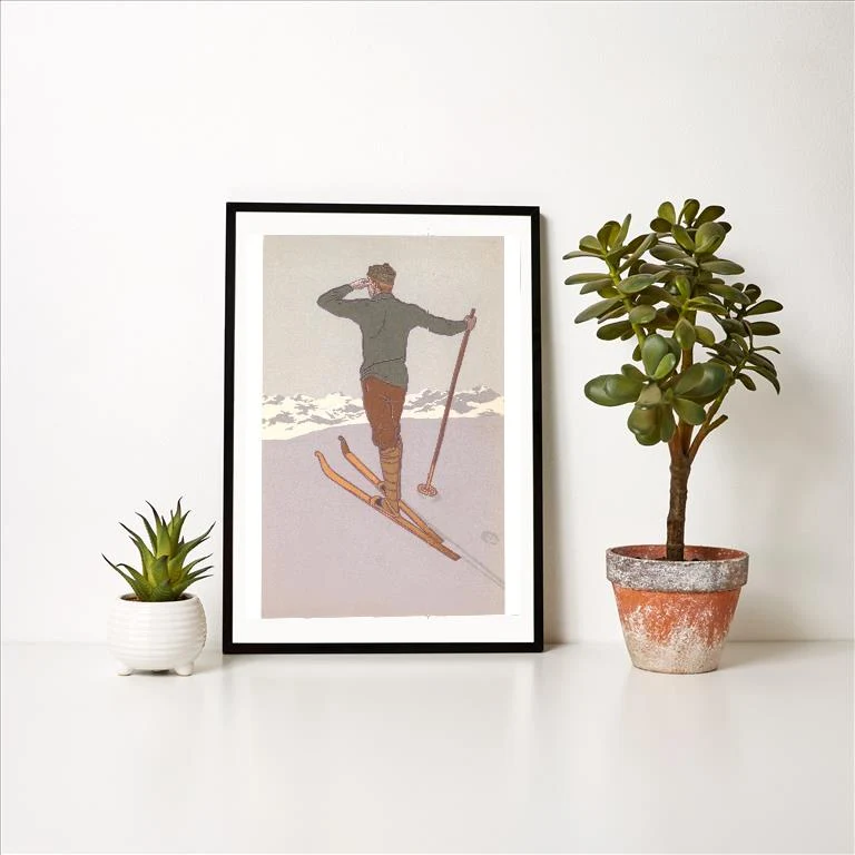 WS-209 Skier Looking Over Mountains - Vintage Image Art Print, Individual Print