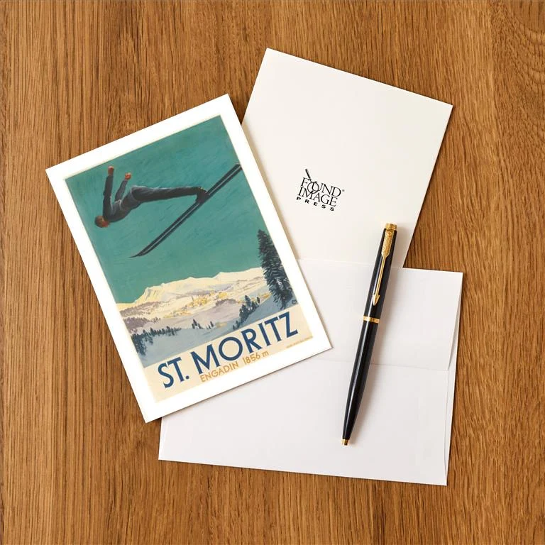 WS-238 Ski Jumper, St. Moritz - Vintage Image Greeting Card, Pack of 4