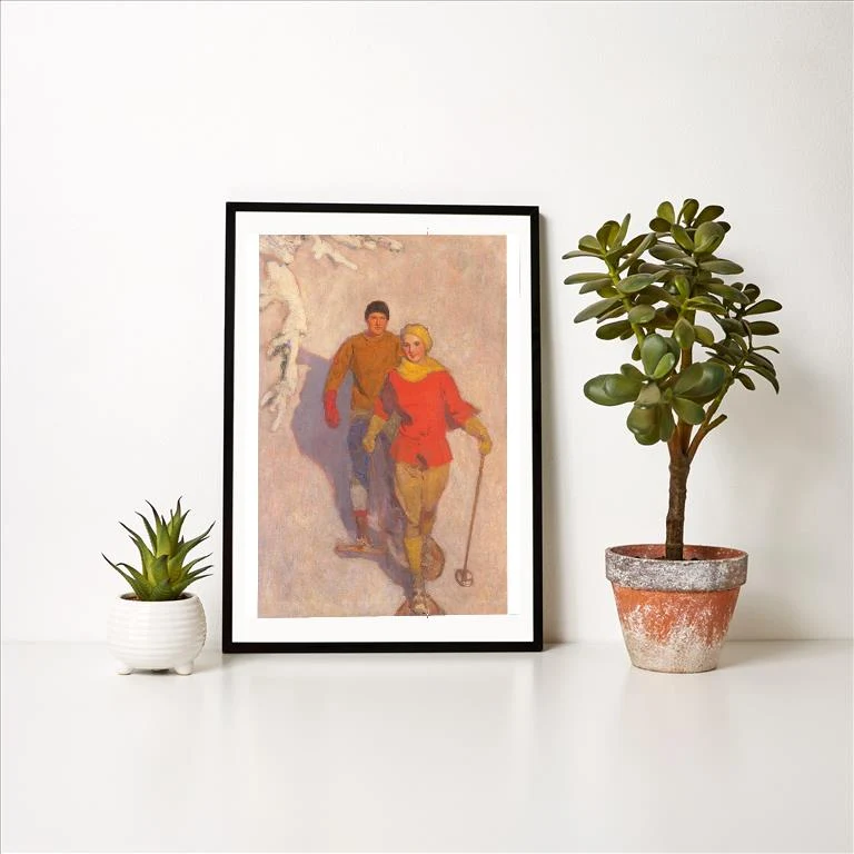 WS-231 Couple Snow Shoeing - Vintage Image Art Print, Individual Print