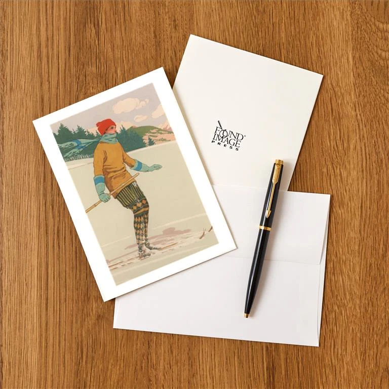 WS-243 Woman with Skis - Vintage Image Greeting Card, Pack of 4