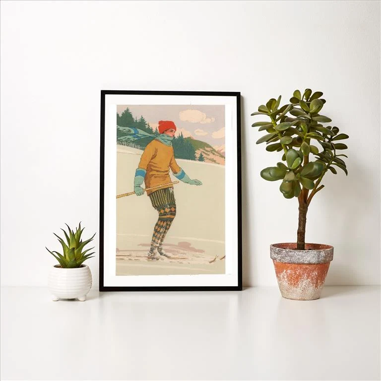 WS-243 Woman with Skis - Vintage Image Art Print, Individual Print