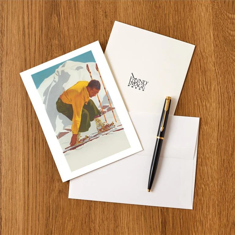 WS-250 Man with Cross Country Skis - Vintage Image Greeting Card, Pack of 4