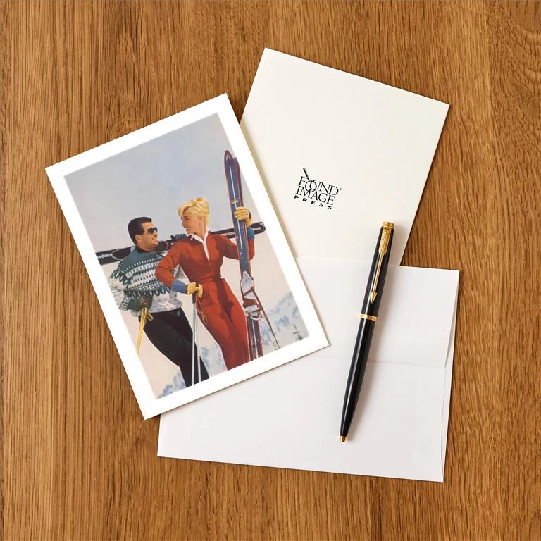 WS-264 Couple with Skis - Vintage Image Greeting Card, Pack of 4
