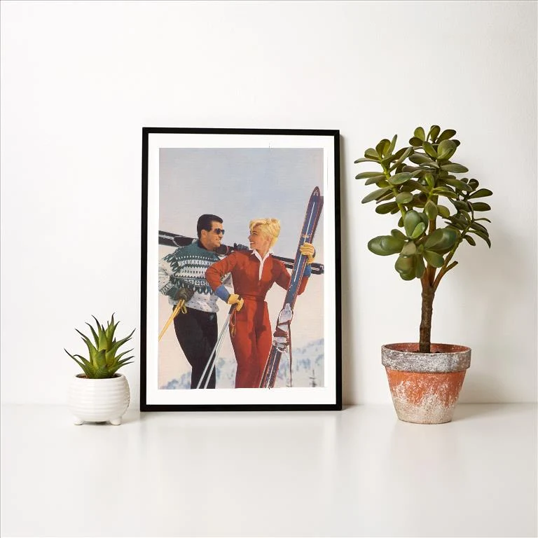 WS-264 Couple with Skis - Vintage Image Art Print, Individual Print