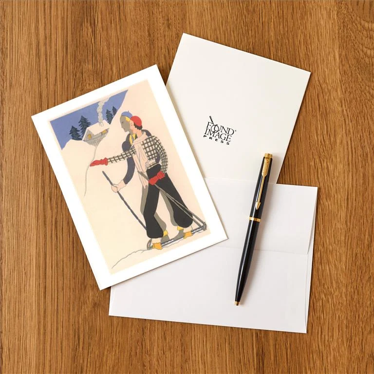 WS-267 Stylish Skiing Couple in Snow - Vintage Image Greeting Card, Pack of 4