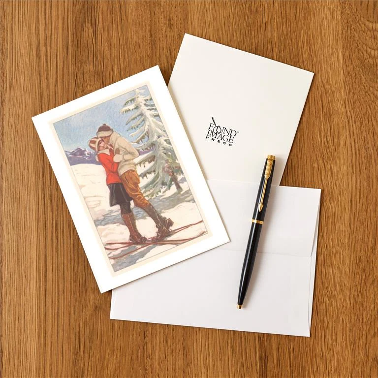 WS-272 Skiing Couple Kissing - Vintage Image Greeting Card, Pack of 4