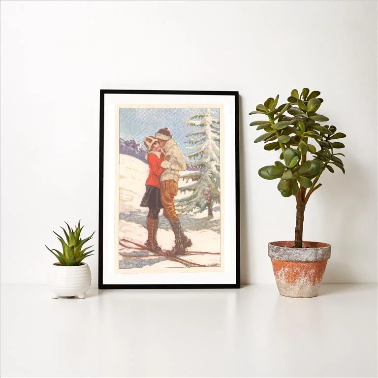 WS-272 Skiing Couple Kissing - Vintage Image Art Print, Individual Print
