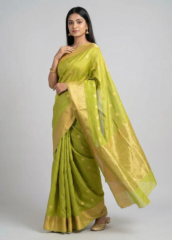 Green Chanderi Silk Saree With Blouse Piece One Size