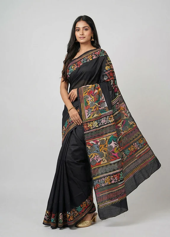 Black Handloom Kantha Stitch Pure Silk Saree With Blouse Piece One Size