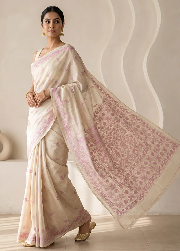 Green Handloom Kantha Stitch Pure Silk Saree With Blouse Piece One Size