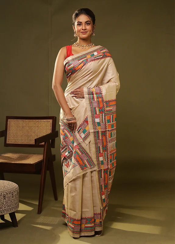 Cream Handloom Kantha Stitch Pure Silk Saree With Blouse Piece One Size