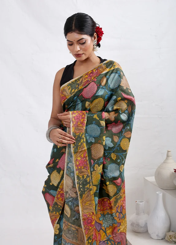Green Tussar Pure Silk Saree With Blouse Piece Onesize