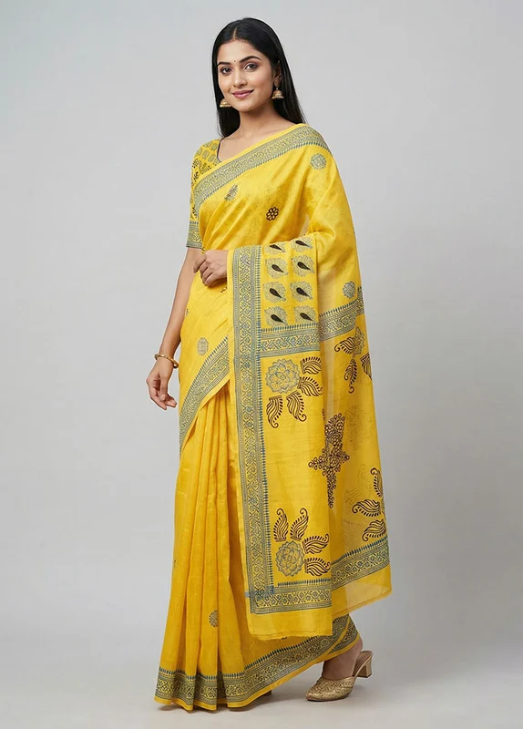 Multicolor Printed Pure Silk Saree Without Blouse Piece One Size