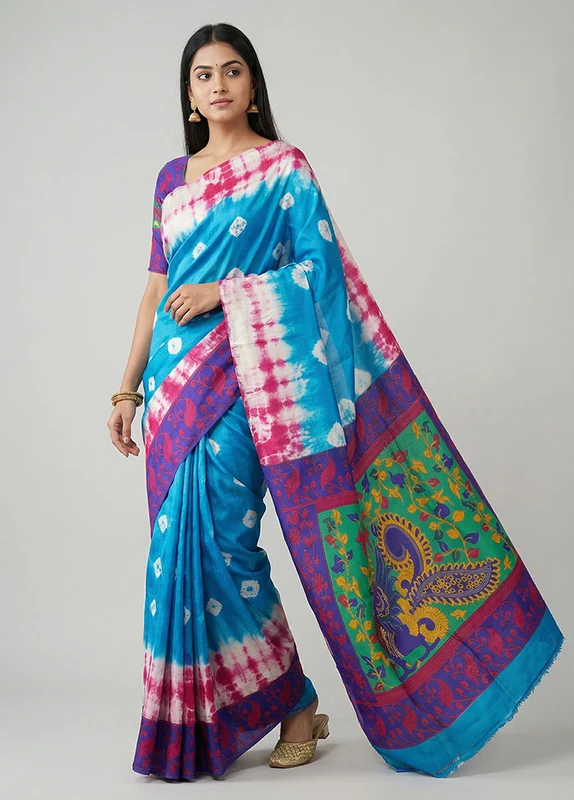 Multicolor Printed Silk Saree Without Blouse Piece One Size