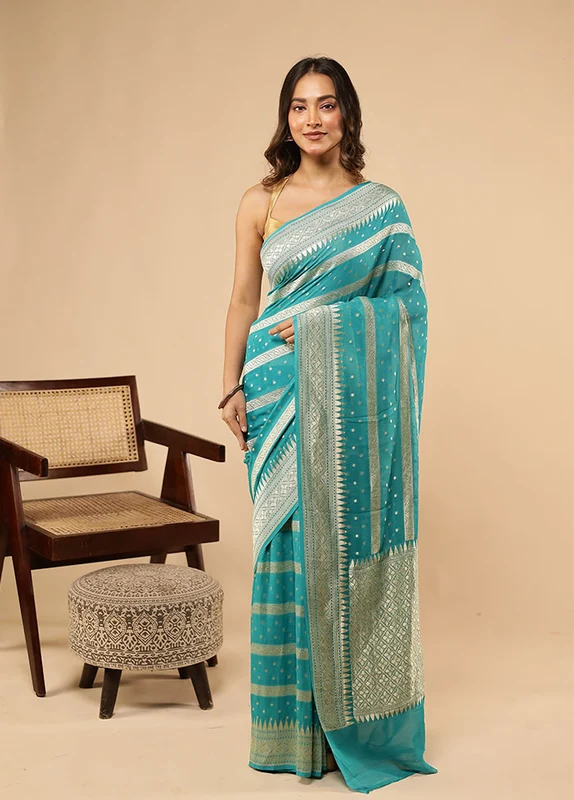 Blue Garad Pure Silk Saree Without Blouse Piece One Size
