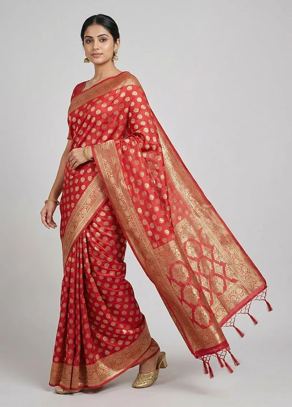 Red Cotton Saree With Blouse Piece One Size