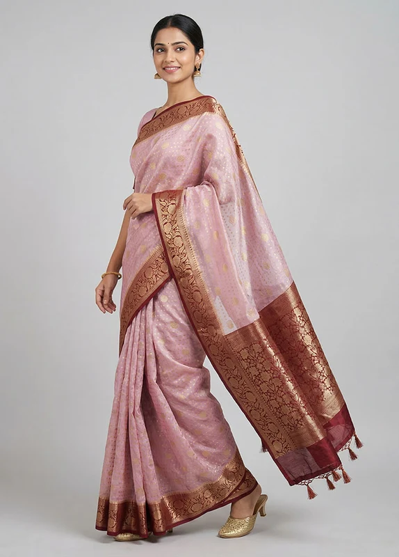 Multicolor Kora Silk Saree With Blouse Piece One Size