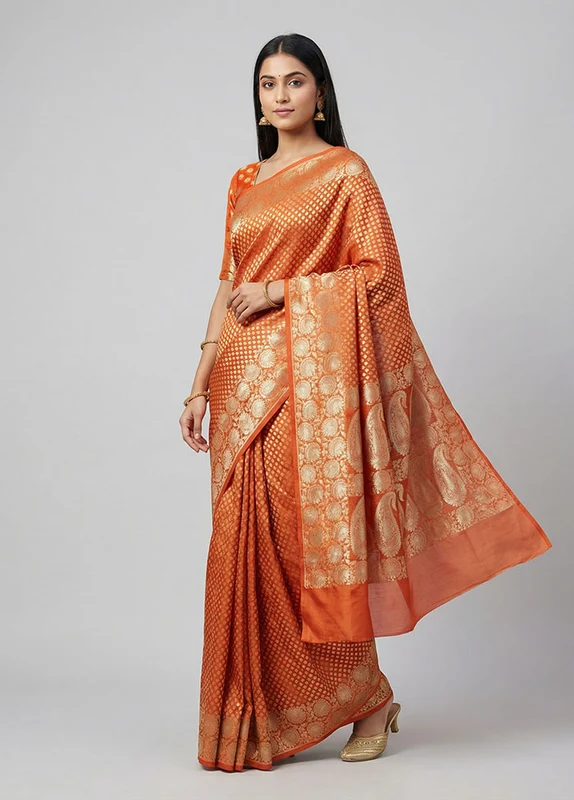 Rust Kora Silk Saree With Blouse Piece One Size