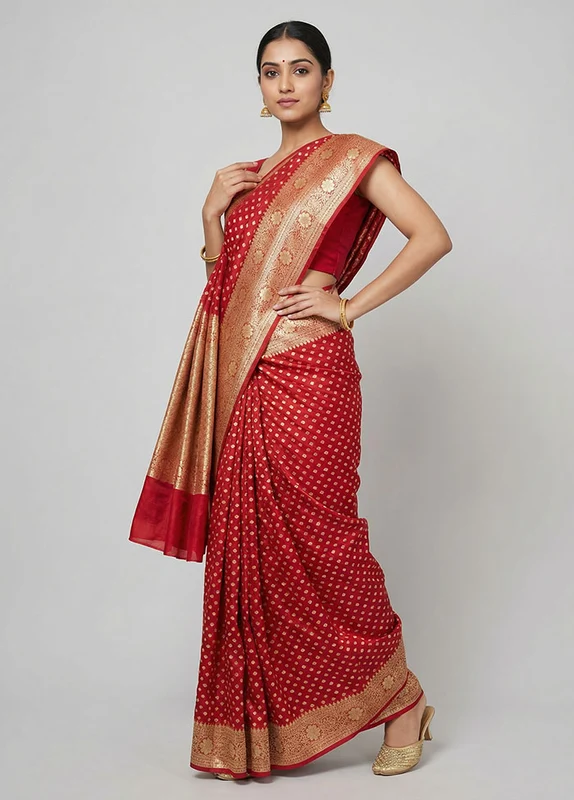 Red Kora Silk Saree With Blouse Piece One Size