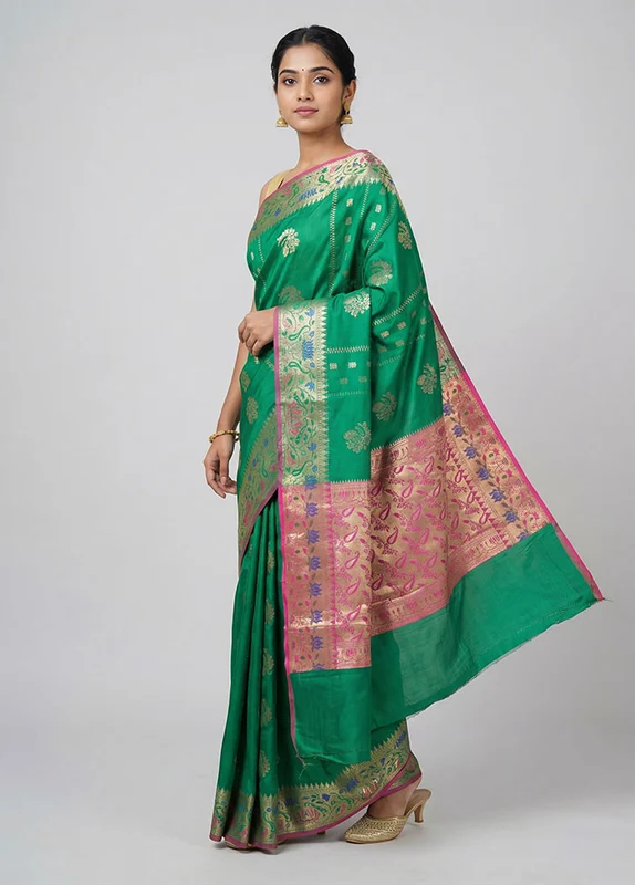 Green Katan Silk Saree With Blouse Piece One Size