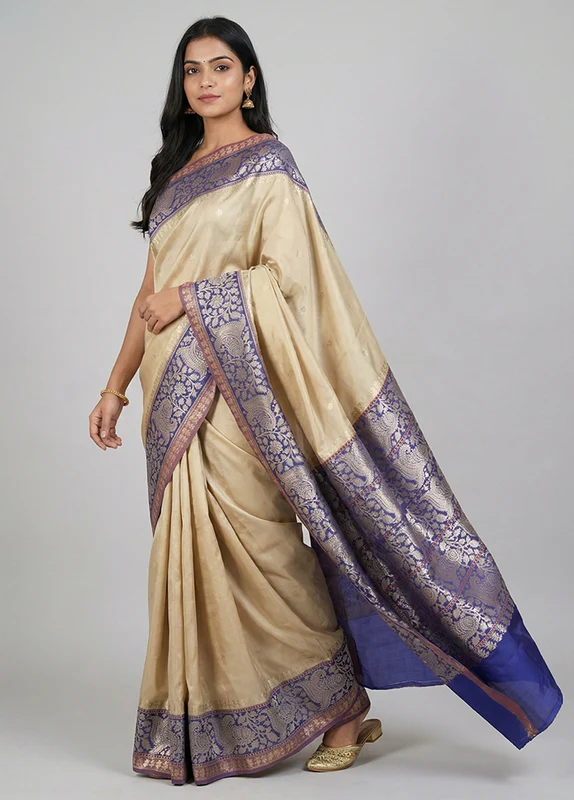 Cream Handloom Uppada Pure Silk Saree With Blouse Piece One Size