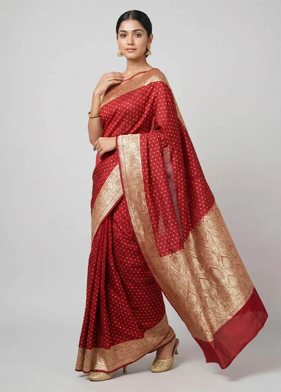 Maroon Banarasi Silk Saree With Blouse Piece One Size
