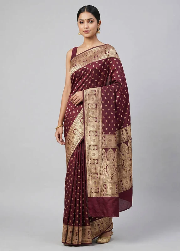Maroon Banarasi Silk Saree With Blouse Piece One Size