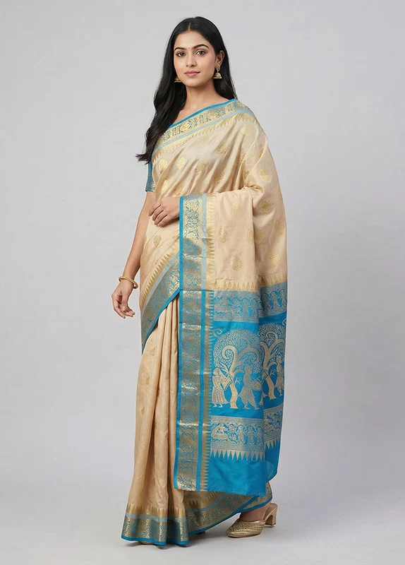 Cream Handloom Kanjivaram Pure Silk Saree With Blouse Piece One Size