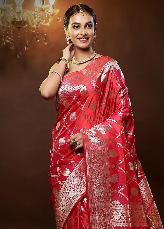 Pink Banarasi Silk Saree With Blouse Piece Onesize