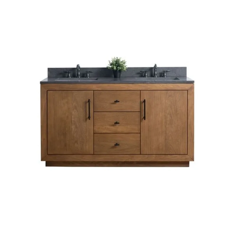 Vanity Art 60 W x 22 D x 34-in H Brown Double Sink Bathroom Vanity w/ Black Limestone Top