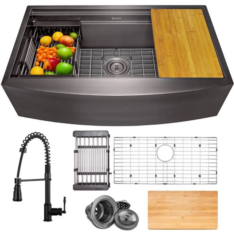 AKDY Undermount Farmhouse 33-in x 20-in Gunmetal Matte Black Single Bowl Workstation Kitchen Sink All-in-One Kit
