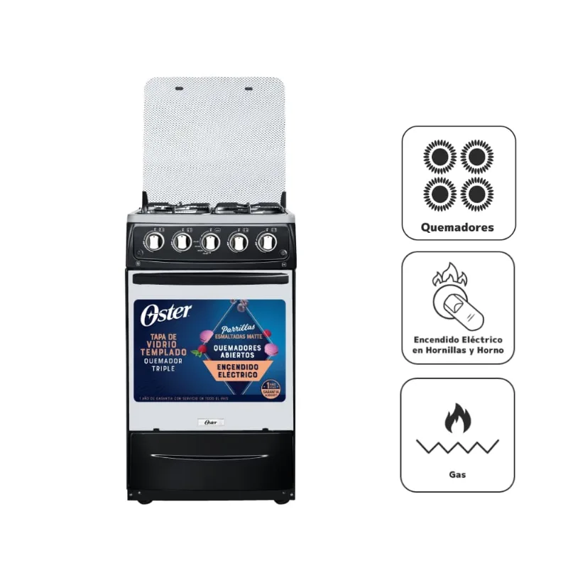Cocina a Gas OSTER 4 Quemadores OS-PGSC20G4HTBB 20" Negro