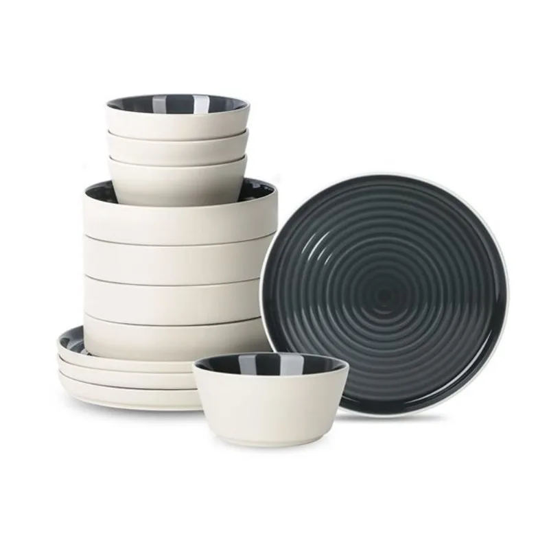 Stone Lain Elica 12 Pcs Stoneware Dinnerware Set for 4 - Black and Beige
