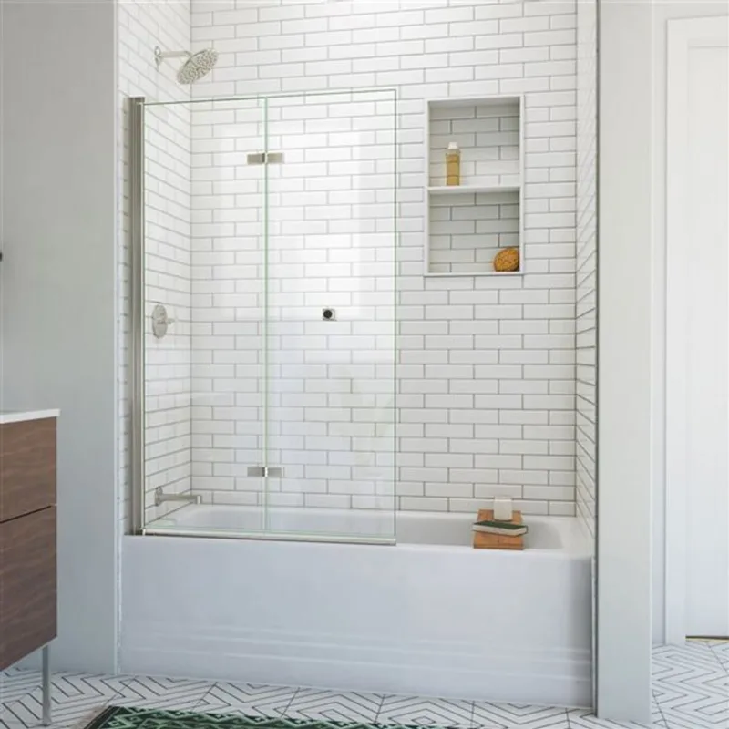Aqua-Q Fold 36 x 58 Frameless Bi-Fold Tub Door in Brushed Nickel- Reversible installation