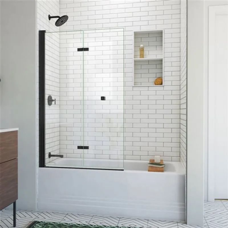 Aqua-Q Fold 36 x 58 Frameless Bi-Fold Tub Door in Satin Black- Reversible installation