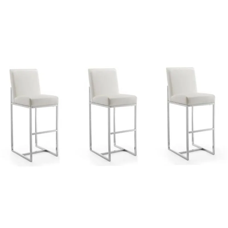 Manhattan Comfort Set of 3 Element Pearl White Faux Leather 42-in H Upholstered Stainless Steel Bar Stool